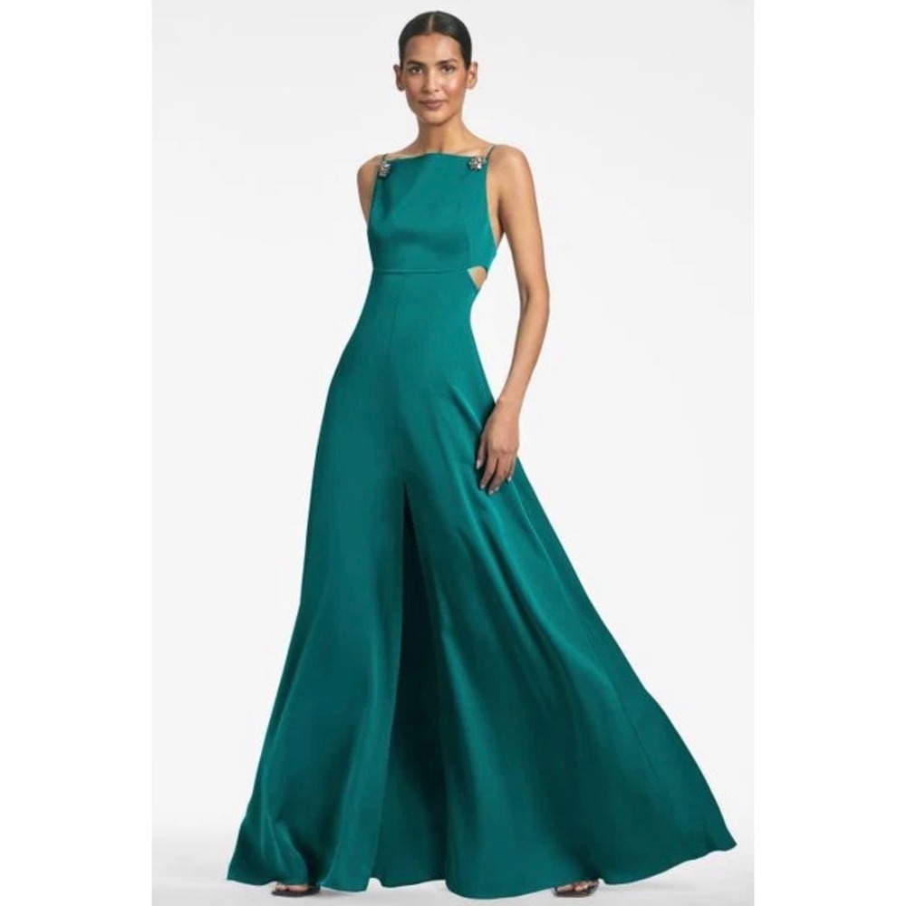 NWT Sachin & Babi Torence Gown Dragonfly Teal Satin Crepe Crystal Strap Size 6